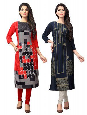 1 Stop Fashion Women's Multi-Coloured Crep Knee Long W Style Kurtas/Kurti (Pack of 2)