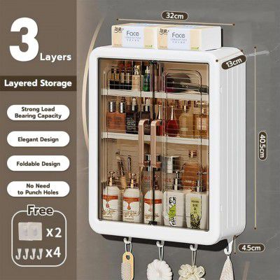 1 Pcs Plastic Self-Adhesive No-Drill Bathroom Shelf & Storage Cabinet with Stickers, Organiser for Bathroom, Essentials, Makeup, Skincare, Wall-Mounted Multi-Purpose Storage Cabinet