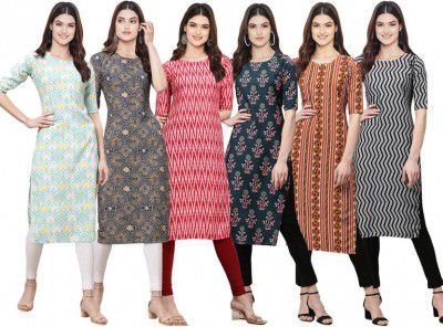 1 Stop Fashion Pack of 6 Women Printed Crepe Straight Kurta
