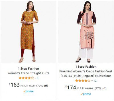 1 Stop Fashion Women's Kurta @ Minimum 80% Off Starting @ ₹159
