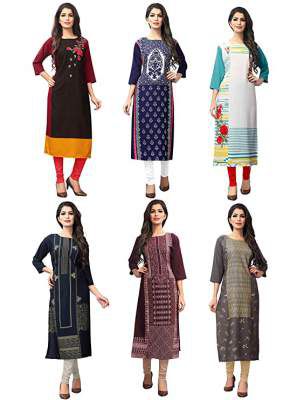 1 Stop Fashion Womens Multi-Coloured Crepe Knee Long W Style Kurtas/Kurti Combo (Set of 6)