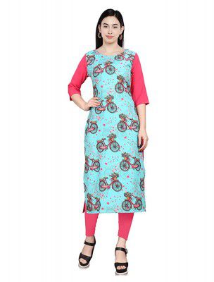 1 Stop Fashion Womens Sky Blue Coloured Digital Print Crepe Knee Long Stylish Kurta/Kurti