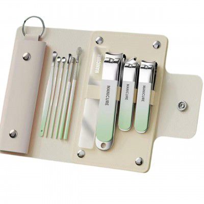 10-Piece Stainless Steel Nail & Pedicure Grooming Kit – Professional Clippers in Beige PU Travel Case (Spring Green)