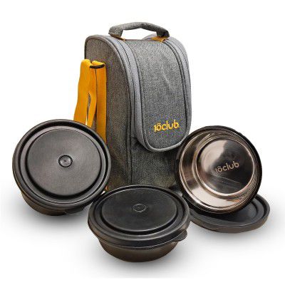 10Club Steel Insulated Lunch Box with Bag | Airtight Containers  (650 ml, 475 ml, 350 ml) |Set of 3