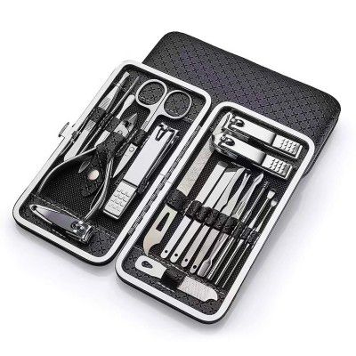 19-in-1 Nail Clippers & Manicure Pedicure Set for Men, Stainless Steel Professional Grooming Kit with Black Leather Case, Complete Nail Care Tools