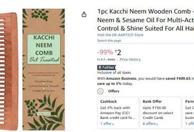 1pc Kacchi Neem Wooden Comb - Soaked In 17 Herbs