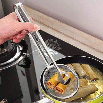2 in 1 Fry Tool Filter Spoon with Clip,Oil Frying BBQ Filter Stainless Steel Mesh Strainer Kitchen Tool Collapsible Strainer (Steel Pack of 1)