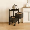 2-Layer Revolving Square Storage Trolley – Black Metal Swinging Basket Rack with Wheels...