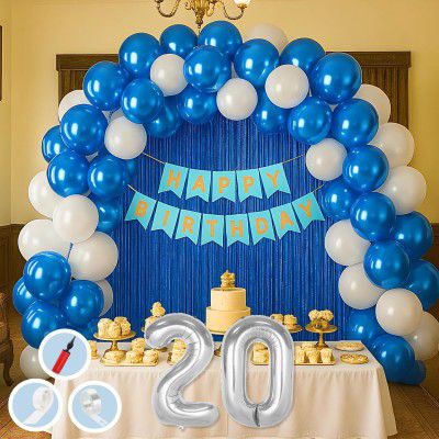 20th Birthday Decoration Items Blue & White Theme Combination for Boy Girl| 50 Pc Blue White Balloon| 2 Pc Blue Foil Curtain| Blue Birthday Banner| Pump| Arch Tape| Glue Dot|59 Pieces