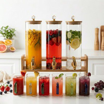 3 Tank Glass Beverage Dispenser Set with Wooden Stand | 2L Each Juice Dispenser with Tap & Lid + 6 Color Handle Glass Mugs (240ML) | Premium Drink Server for Lemonade, Parties & Home Use