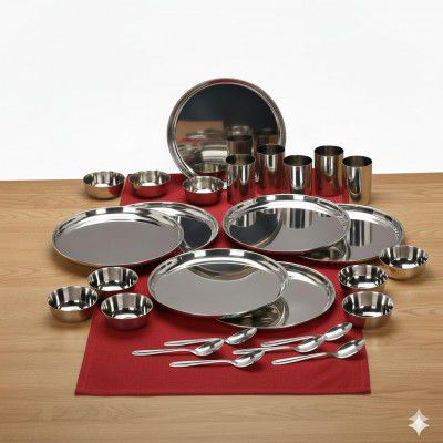 36 Pieces Stainless Steel Dinnerware/Dinner Set - 6 Thali, 6 D.Plate, 12 Bowl, 6 Glass, 6 Spoon, Kitchen Set for Home & Restaurants, Family - Silver Dinnerware Set