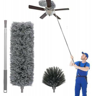 3PCS 2 in 1 Microfiber Feather Ceiling Duster for Home Cleaning Long Stainless Steel Handle, Extendable and Adjustable dust Cleaner Brush High roof Cobweb Furniture Fan Mop Extension Pole,