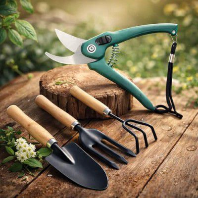 4-Piece Gardening Tools Kit for Home (Wooden Handle Cultivator,Fork, Trowel)