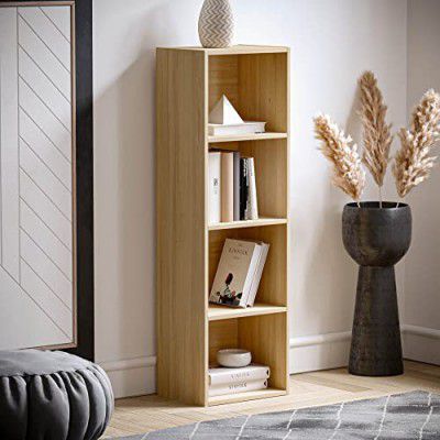 4-Tier Bookcase Wood Cube Book Shelf Storage Unit for Living Room Bedroom Study Room Color: Oak Wood