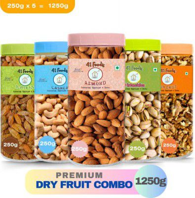 41 foods Dry fruits combo pack of Healthy 5 Badam Kaju Pista Kishmish Akhrot 1.25 KG Cashews, Almonds, Pistachios, Walnuts, Raisins  (5 x 250 g)