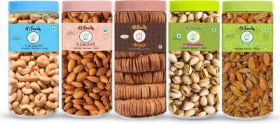 41 foods Dry fruits combo pack of Premium 5 Badam Anjeer Kaju Pista Kishmish 750 GM Almonds, Cashews, Figs, Pistachios, Raisins (5 x 150 g)