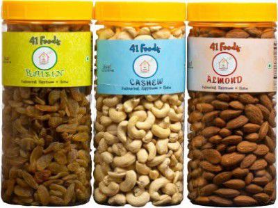 41 foods Premium  Dry Fruits & Nuts Combo of Healthy Fresh Raw Whole Cashew Real Californian Almond Long Green Raisins (150gm x 3)