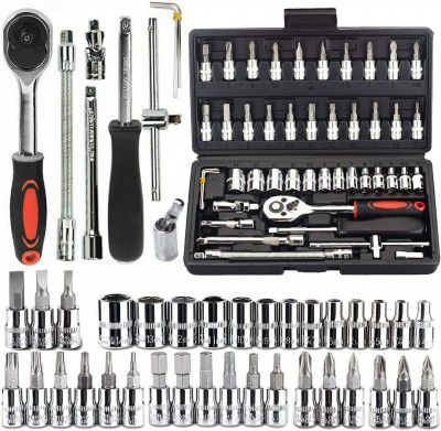 46PCS 1/4 inch Drive Socket Set, Metric Wrench Set with 4-14mm CR-V Sockets,S2 Bits, Extension Bars, Mechanic Tool Kits for Household Auto Repair