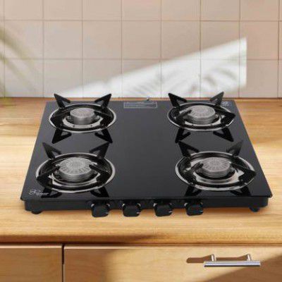 Plain Sleek 4B Toughened Glass Tornado Burner(Bk)Glass Manual Gas Stove Glass Manual Gas Stove (4 Burners)