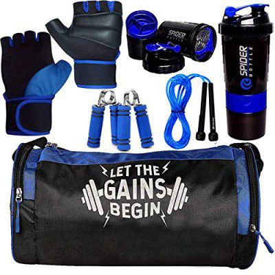 5 O'CLOCK SPORTS Combo of Let The Gains Begin (Blue) Gym Bag, Gloves (Blue), Spider Shaker (Blue) Skipping Rope (Blue) and Hand Gripper (Blue) Gym and Fitness Kit.