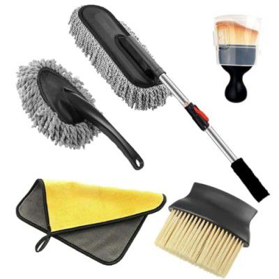 5 PCS Microfiber Car Duster Kit|Interior & Exterior Car Cleaning Detailing Tool|Scratch & Lint Free, Pollen Removing|Extendable Long Handle Duster for Cars (A-2)