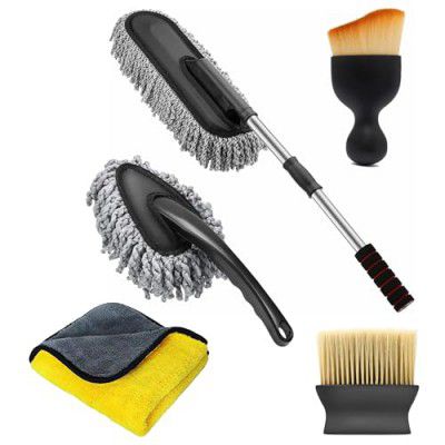 5 PCs Microfiber Car Duster with Long Handle Car Cleaning Brush Exteriror and Interiror Car Cleaning Cloth Car Ac Vent Cleaner Brush for Car, Motorbike, SUVs Car Cleaning Kit