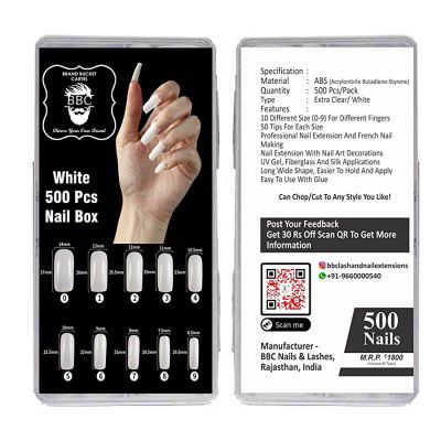 500 Pcs White Nail Tips/ Extra Clear/10 Different Size
