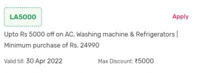 ₹5000 Instant Discount on Air Conditioners Worth ₹30,000 & more with Coupon LA5000