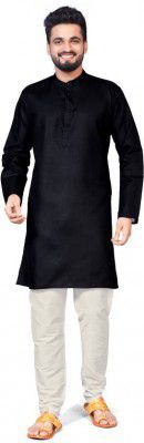 5stitch  Men Solid Cotton Blend Straight Kurta  (Black)