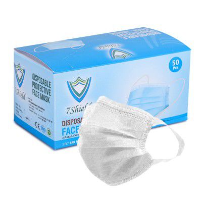 7Shield Disposable Surgical 3Ply Unisex Mask - Ultra Soft Fabric Wide Ear Loop, Comfortable, Inbuilt Plastic Coated Nose Pin, CE and ISO Certified, Convenient Box Pack