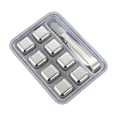 8-Pack Stainless Steel Whiskey Stones with Tongs & Container - Reusable Ice Cubes for Chilling Red Wine, Whiskey, Cocktails & More - Food-Grade Safe