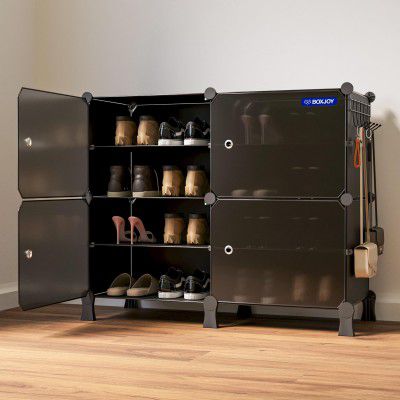 8 Shelf Shoe Rack Box Organizer with Strong Door Magnets & 5 Hook Steel Holder