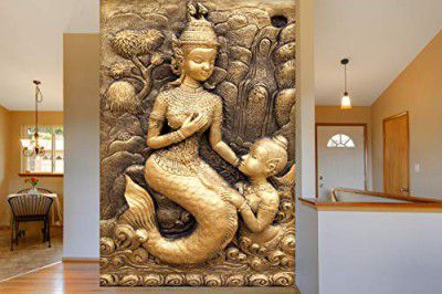 999STORE 3D Print Latest Boys or Girls Wall Stickers Sheet roll Kids Room Walls Golden Mermaid and Child Mural Wallpapers for Walls (Vinyl Self Adhesive 24X36 Inches) NonW230897