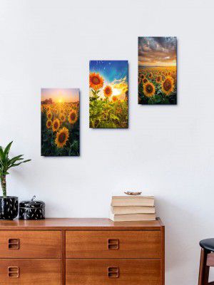 999Store Sunflower Before The Sunsets home room décor framed stylish modern wall frames hanging items for living (Set of 3 Panels Paper Print 24X15 Inches ) MDF3Frames013
