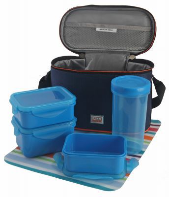 All Time Plastic Lunch Box with Bag Set, 4-Pieces, Blue