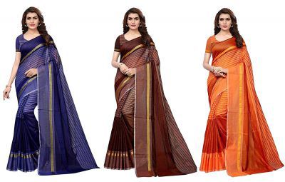 Anni Designer Cotton Saree with Blouse Piece (Pack of 3) (TS02 Blue Brown Orange_Multicolor_Free Size)