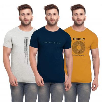 BULLMER Mens Halfsleeve Round Neck Printed Cotton Tshirt - Combo Tshirt - Pack of 3