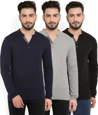 Billion PerfectFit Solid Men Henley Multicolor T-Shirt (Pack of 3)