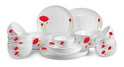 Cello Monarch Red Poppy Opalware Dinner Set, 27-Pieces, White
