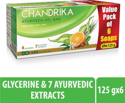 Chandrika Glycerine Ayurveda Gel Bathing Bar Soap With Jojoba Oil for Moisturized Skin  (6 x 125 g)