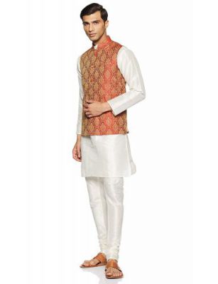 Clarzo Men's Banarasi Silk Regular Fit Chudidar Kurta Pajama Set with Waistcoat