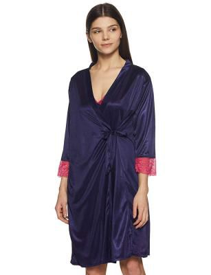 Clovia Women's 2 Pcs Satin Nightwear Set in Navy & Pink - Short Robe & Nightie