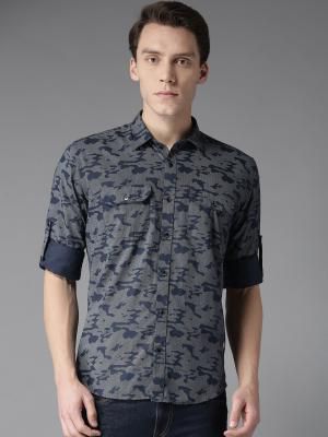 DENNISON Men Navy Blue & White Slim Fit Camouflage Print Casual Shirt