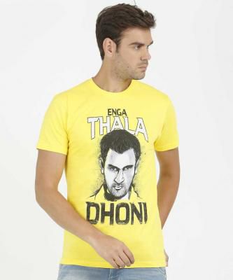 Dhoni Printed Men Round Neck Black, Yellow T-Shirt
