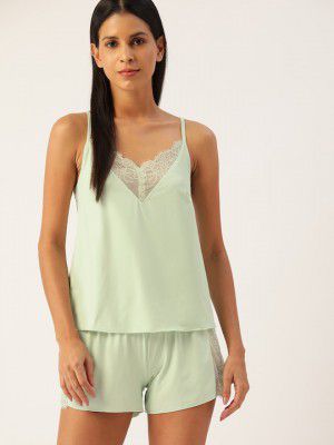 ETC Women Green Shoulder Straps Lace Insert Night suit