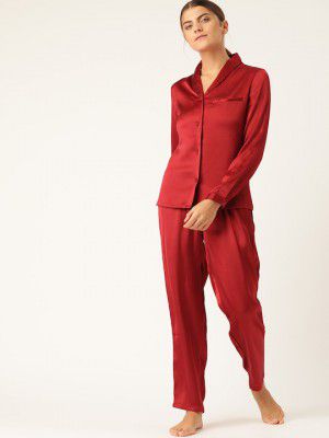 ETC Women Maroon Solid Pyjama Set