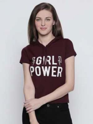 GIRL POWER | Graphic Print Women Hooded Maroon T-Shirt