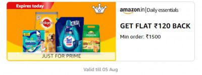 Get Flat ₹120 Cashback on minimum order of ₹1500 on Daily Essentials.