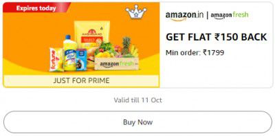 Get Flat ₹150 Cashback on minimum orders above ₹1799 on Amazon Fresh