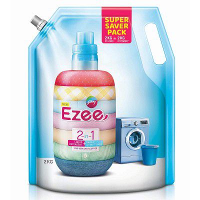 Godrej Ezee 2-in-1 Liquid Detergent + Fabric Conditioner (Fabric Softener) - 2kg Pouch, For Regular Clothes
